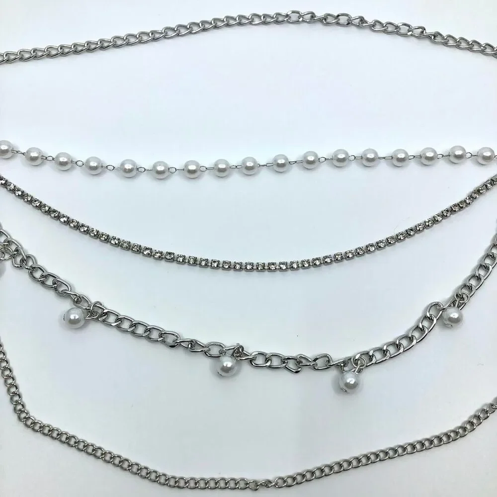 Women's Silver Butterfly Pearl Layered Chain Belt, 35 Inches, X7G9A1046
